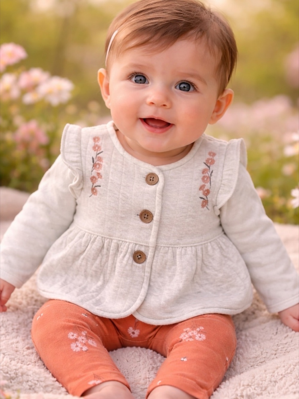 Neutral Cream Baby Peplum Top with Floral Embroidery